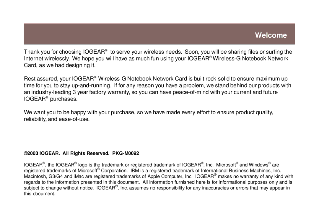 IOGear 1017 GWP511 user manual Welcome, IOGEAR. All Rights Reserved. PKG-M0092 