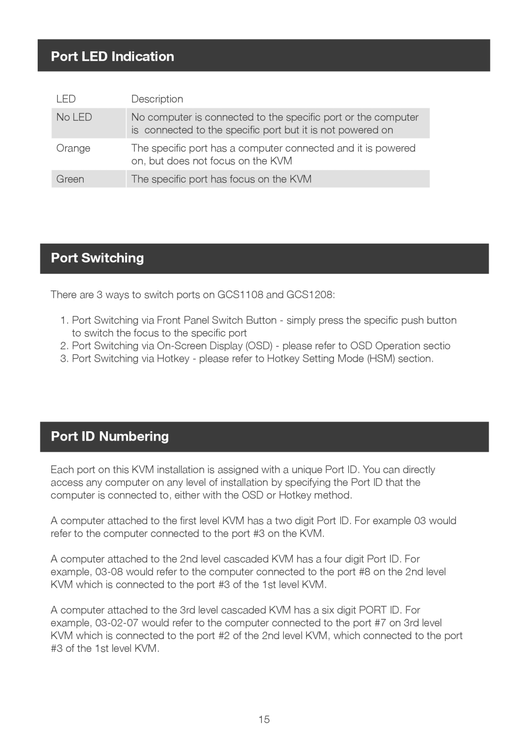 IOGear 8-port dvi kvmp switch user manual Port LED Indication, Port Switching, Port ID Numbering 