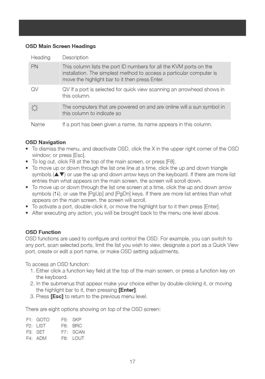 IOGear 8-port dvi kvmp switch user manual OSD Main Screen Headings, OSD Navigation, OSD Function 