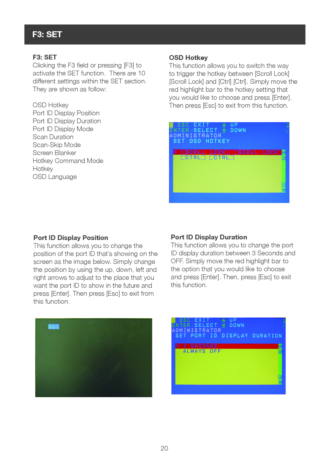 IOGear 8-port dvi kvmp switch user manual F3 SET, OSD Hotkey, Port ID Display Position, Port ID Display Duration 