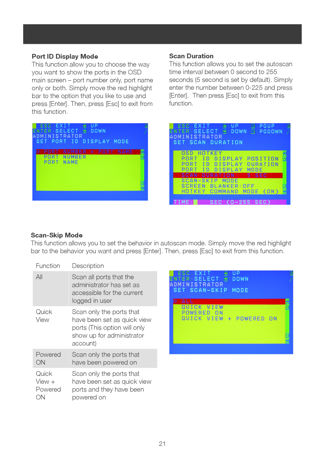 IOGear 8-port dvi kvmp switch user manual Port ID Display Mode, Scan Duration, Scan-Skip Mode 