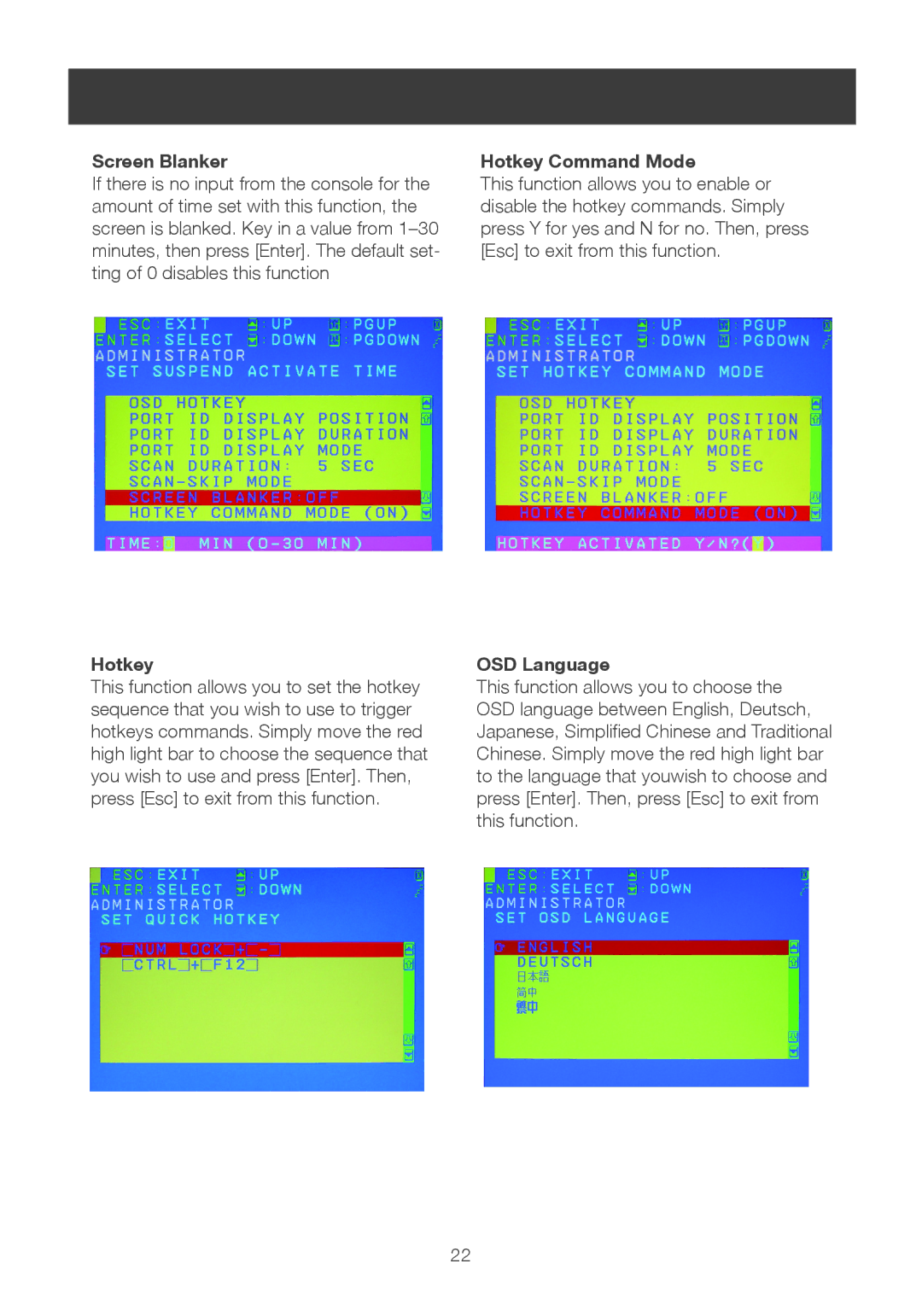 IOGear 8-port dvi kvmp switch user manual Screen Blanker, Hotkey Command Mode, OSD Language 