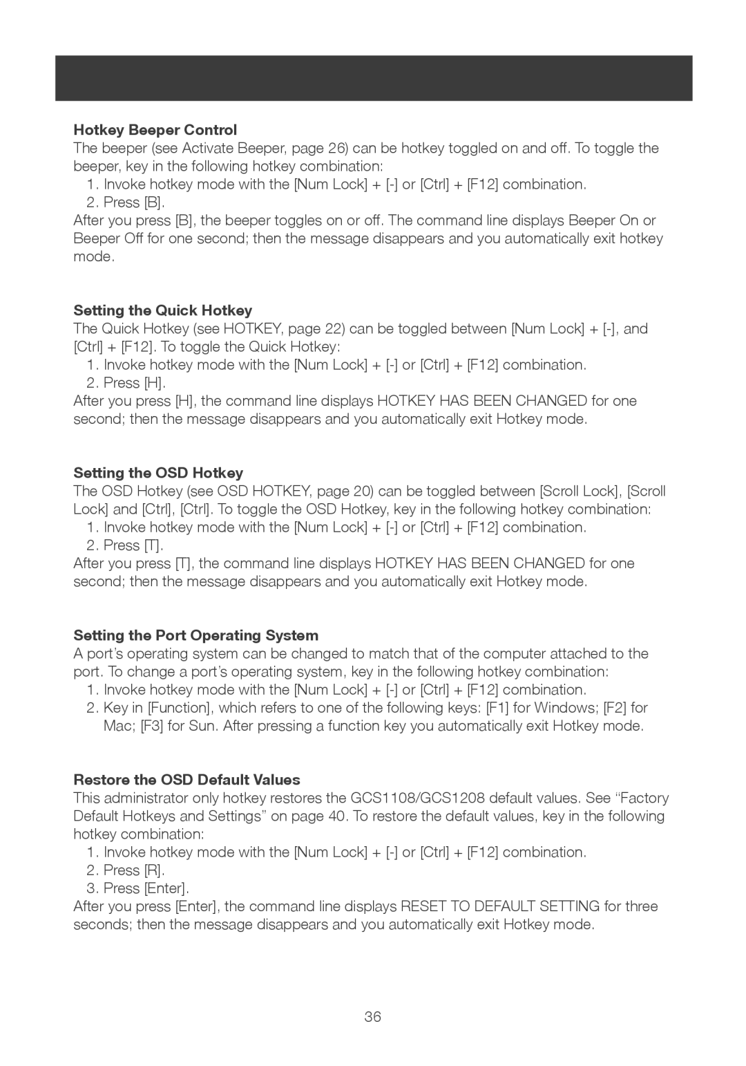 IOGear 8-port dvi kvmp switch user manual Hotkey Beeper Control, Setting the Quick Hotkey, Setting the OSD Hotkey 