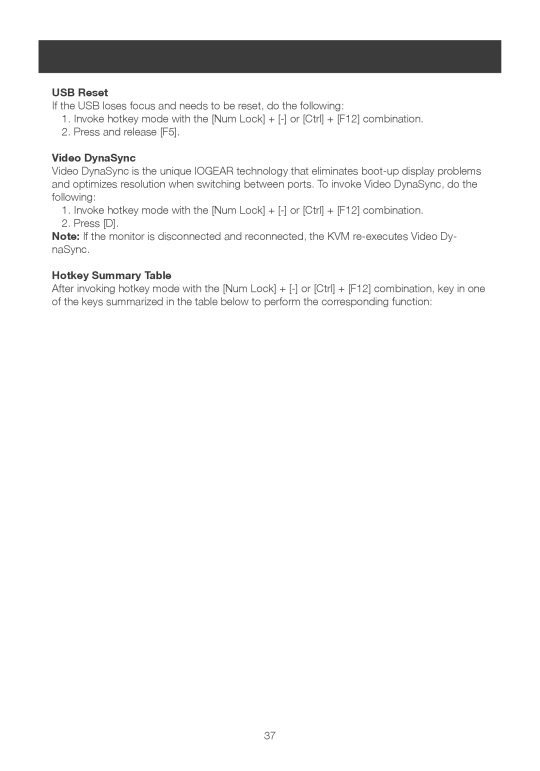 IOGear 8-port dvi kvmp switch user manual USB Reset, Video DynaSync, Hotkey Summary Table 