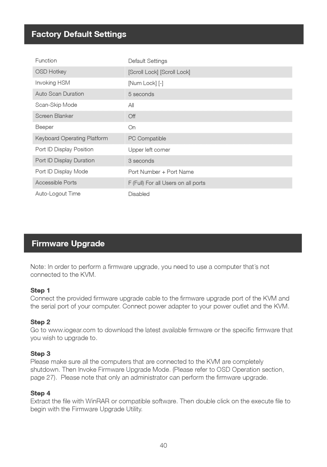 IOGear 8-port dvi kvmp switch user manual Factory Default Settings, Firmware Upgrade 