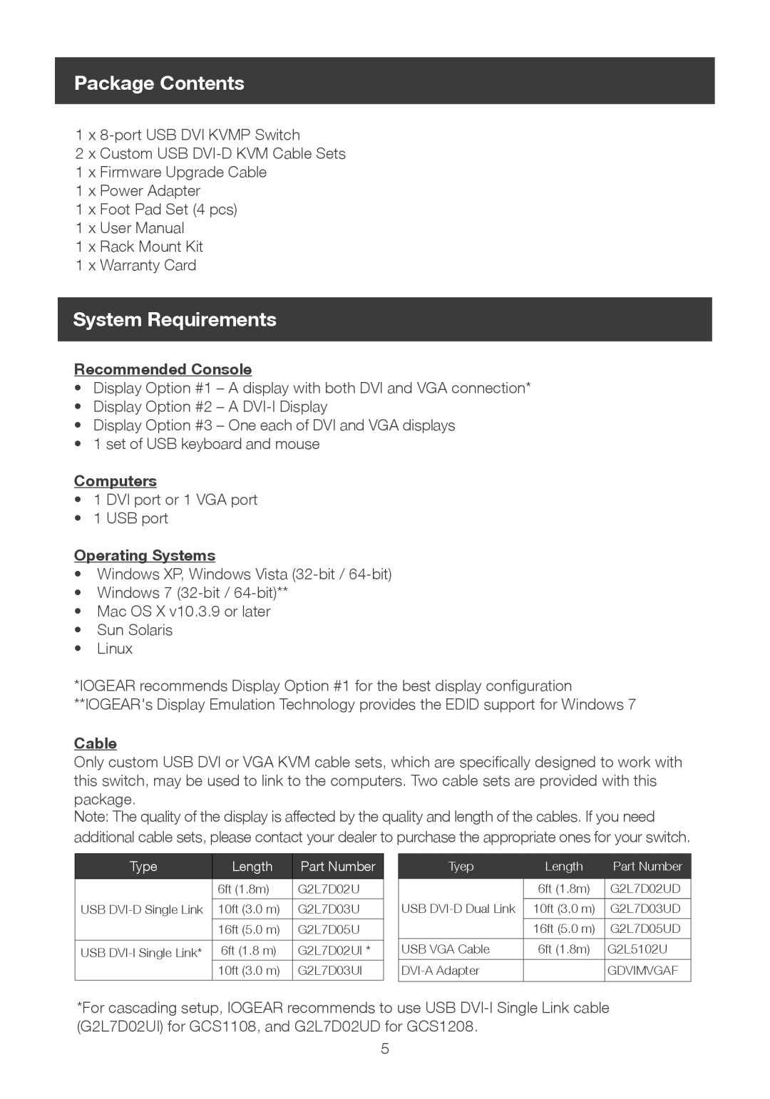 IOGear 8-port dvi kvmp switch user manual Package Contents, System Requirements 