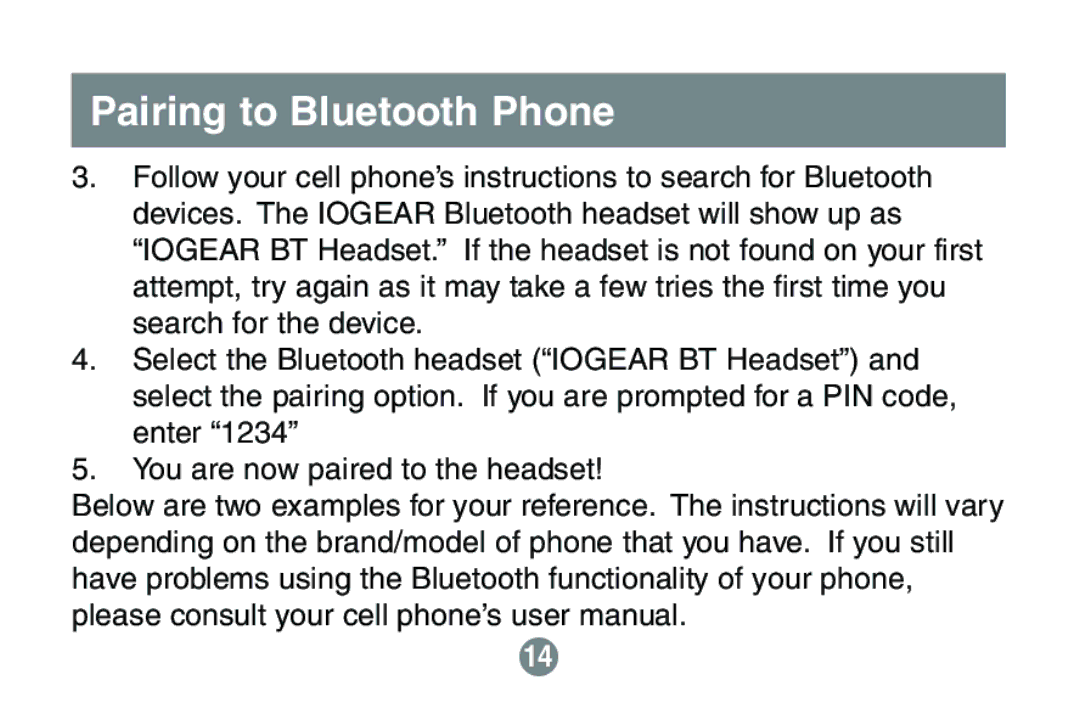 IOGear GBE201 user manual Pairing to Bluetooth Phone 