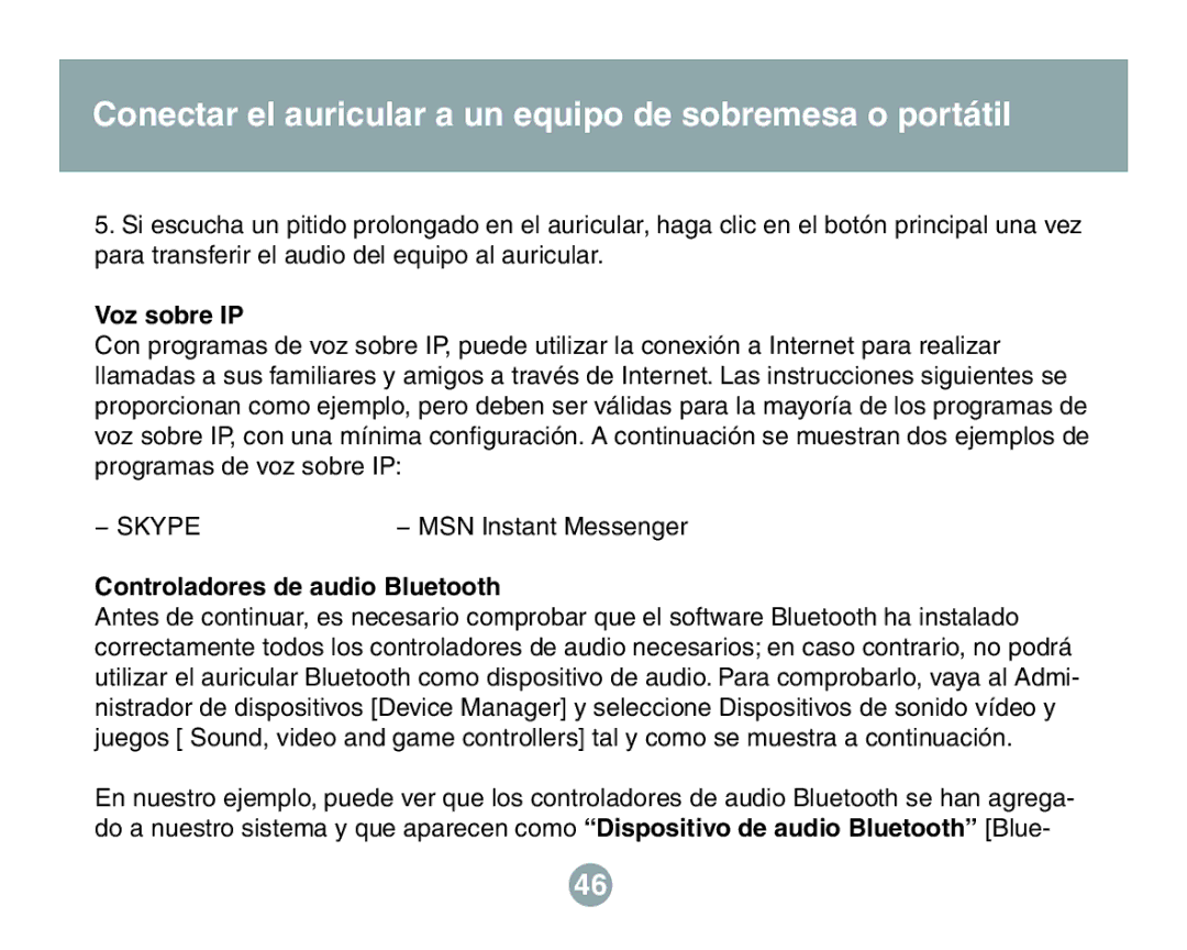 IOGear GBE211 user manual Voz sobre IP, Controladores de audio Bluetooth 