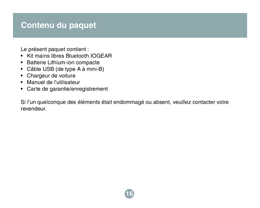 IOGear GBHFK201W6 user manual Contenu du paquet 