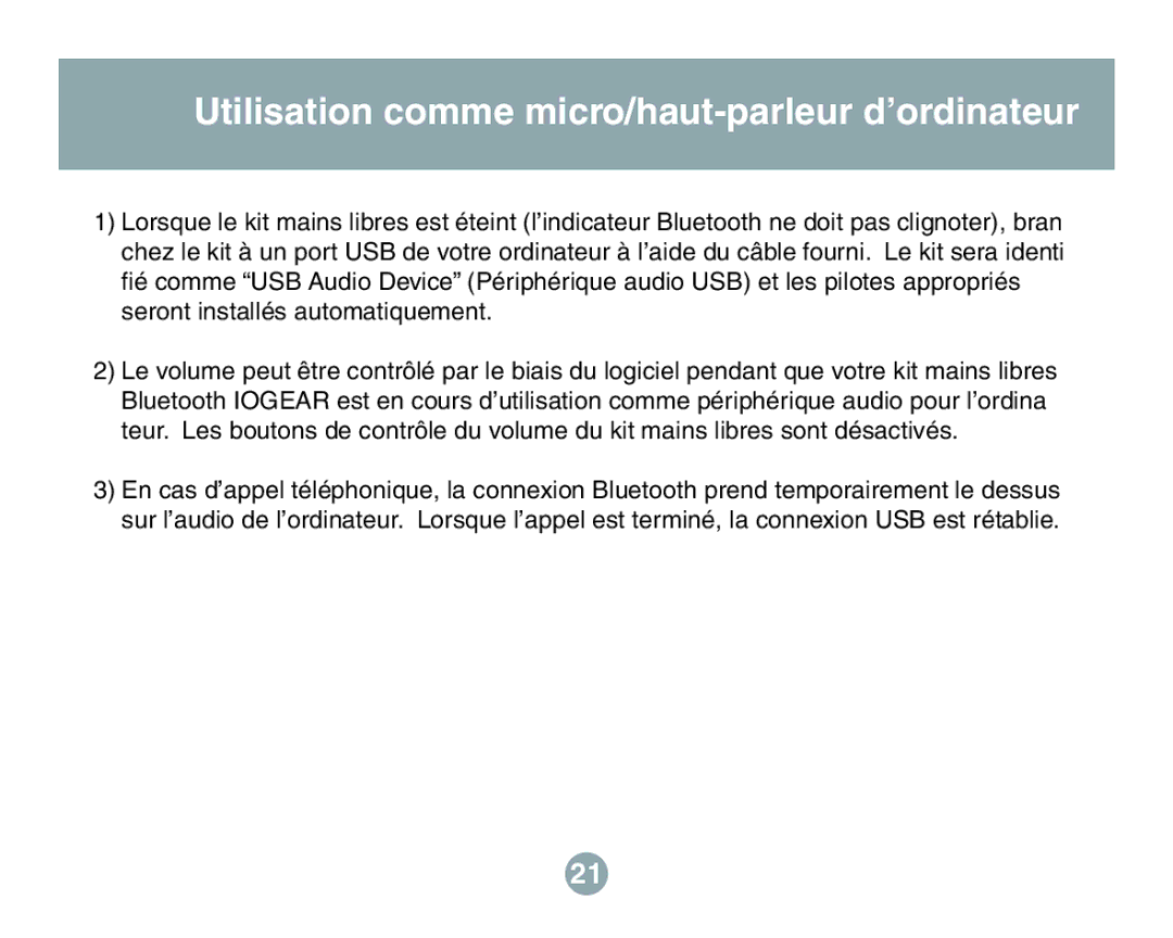 IOGear GBHFK201W6 user manual Utilisation comme micro/haut-parleur d’ordinateur 