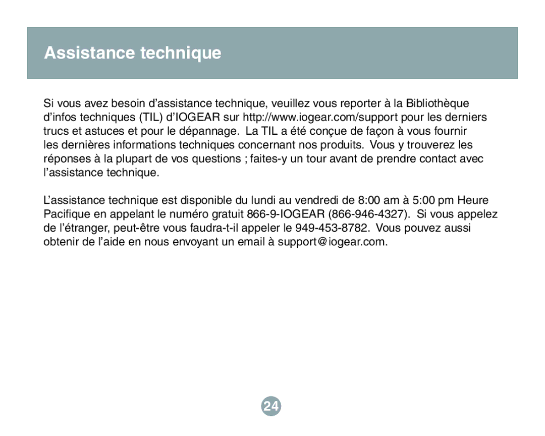 IOGear GBHFK201W6 user manual Assistance technique 