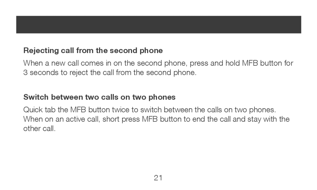 IOGear GBHFK231 manual Rejecting call from the second phone, Switch between two calls on two phones 