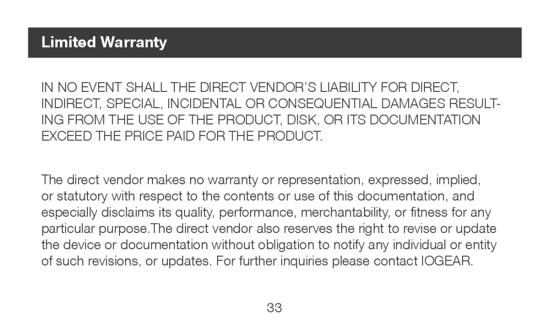IOGear GBHFK231 manual Limited Warranty 