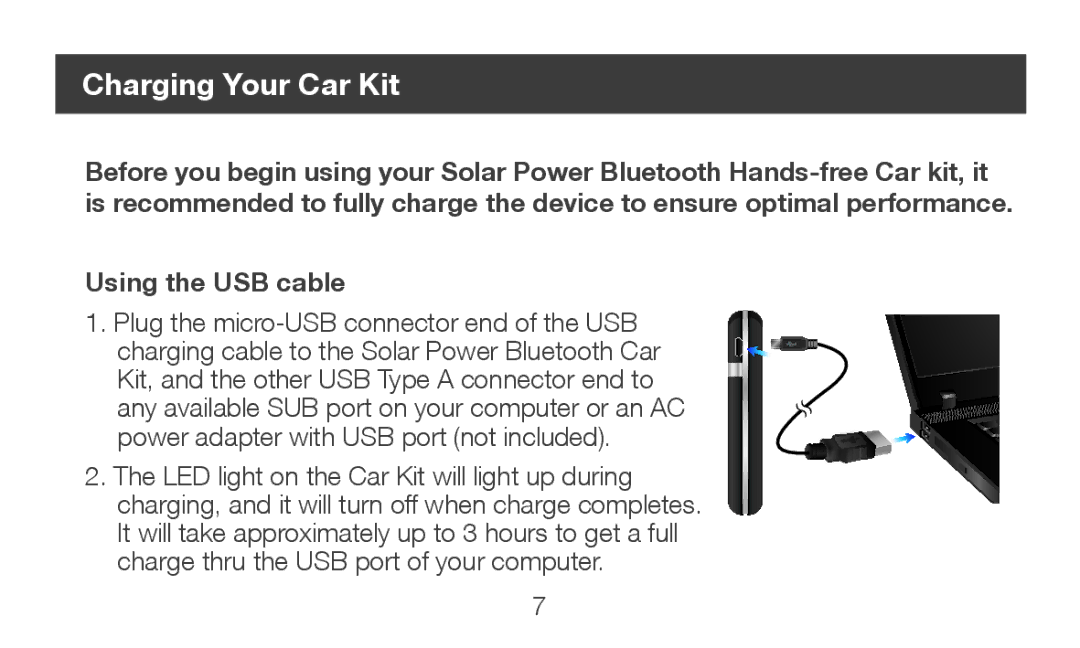 IOGear GBHFK231 manual Charging Your Car Kit, Using the USB cable 