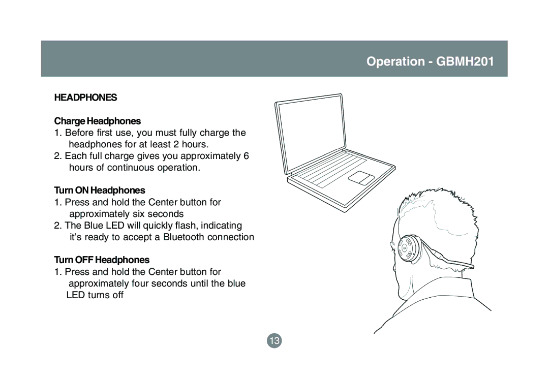 IOGear GBMA201 user manual Operation GBMH201, Charge Headphones 