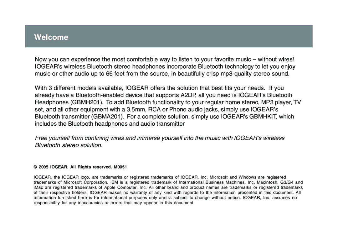 IOGear GBMA201 user manual Welcome, IOGEAR. All Rights reserved. M0051 