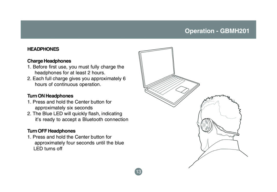 IOGear GBMA201 user manual Operation - GBMH201, HEADPHONES Charge Headphones, Turn ON Headphones, Turn OFF Headphones 