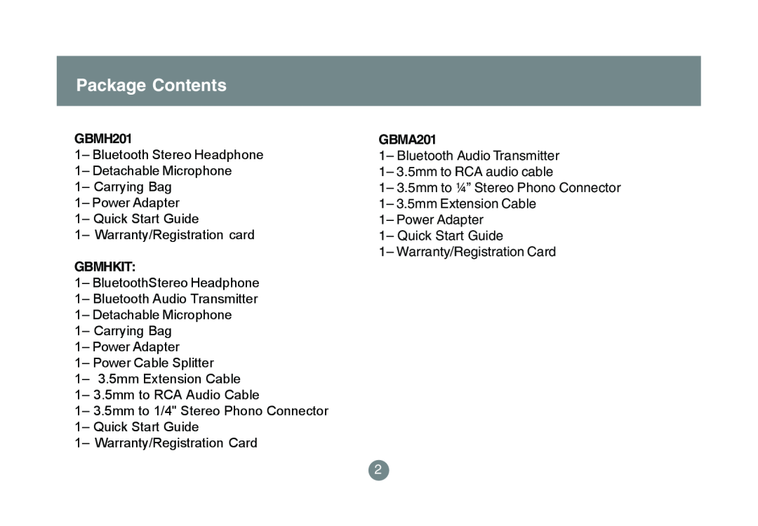 IOGear GBMA201 user manual Package Contents, GBMH201, Gbmhkit 
