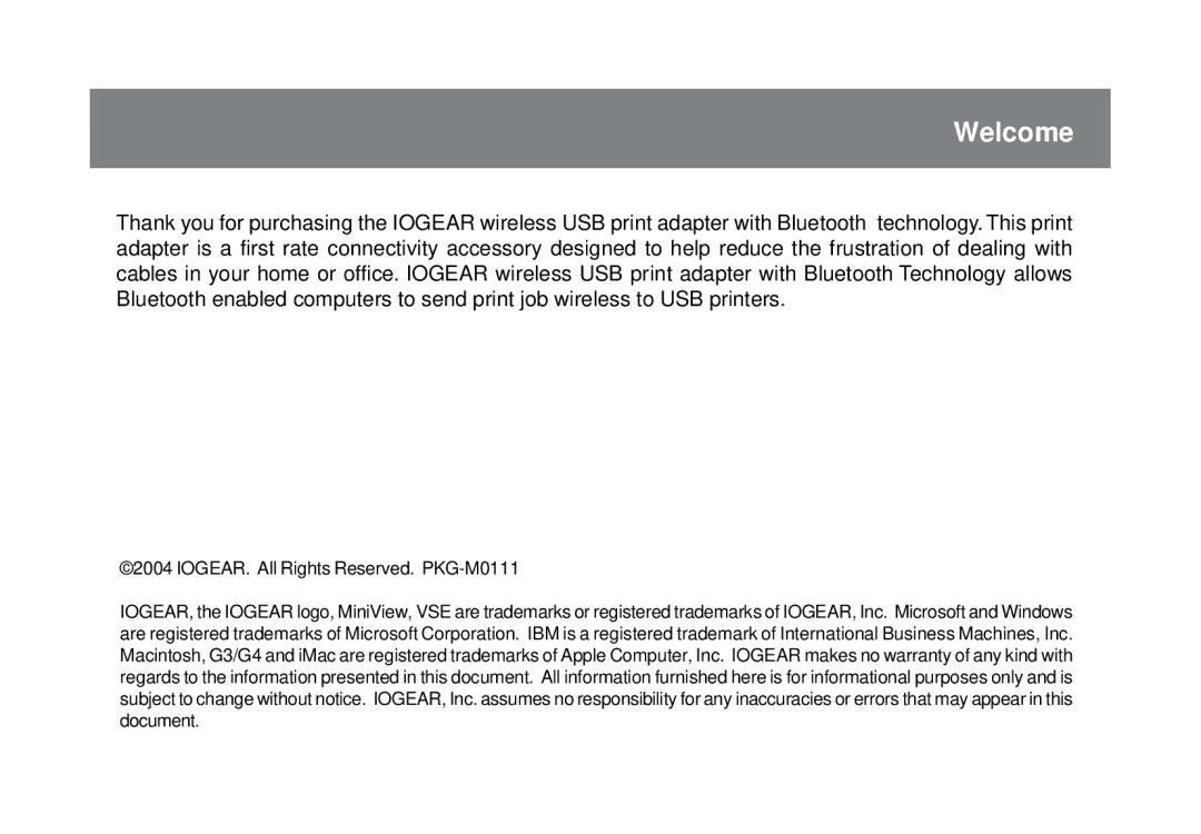 IOGear GBP201 user manual Welcome 