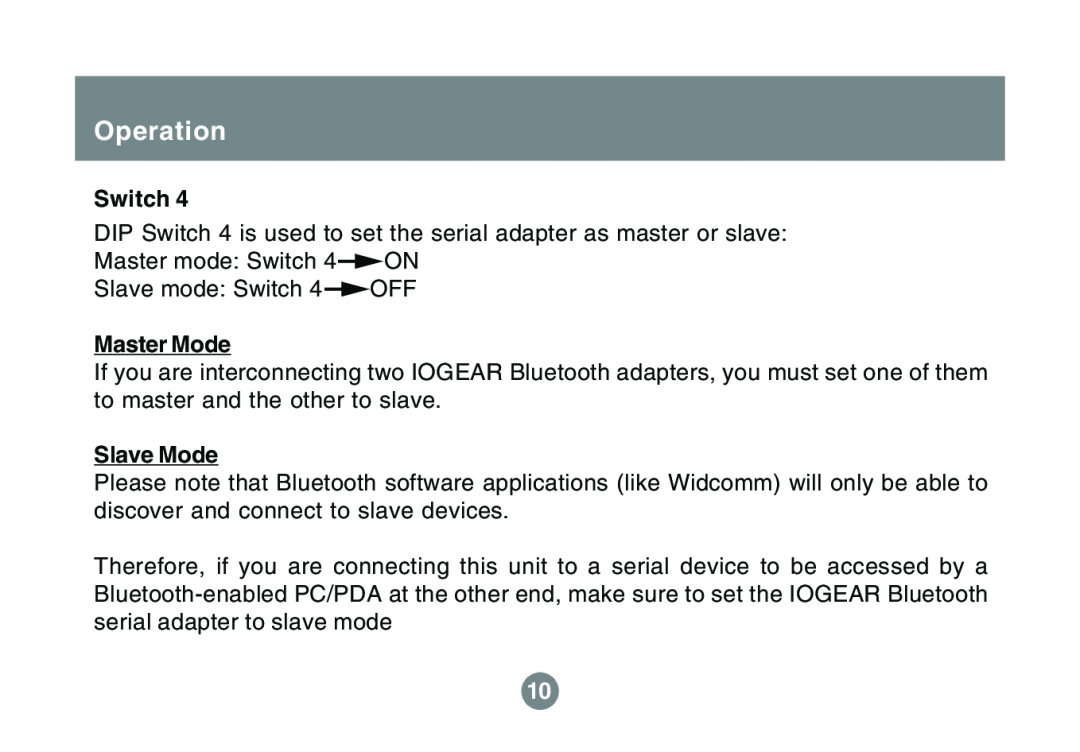 IOGear GBS301 user manual Operation, Switch, Master Mode, Slave Mode 