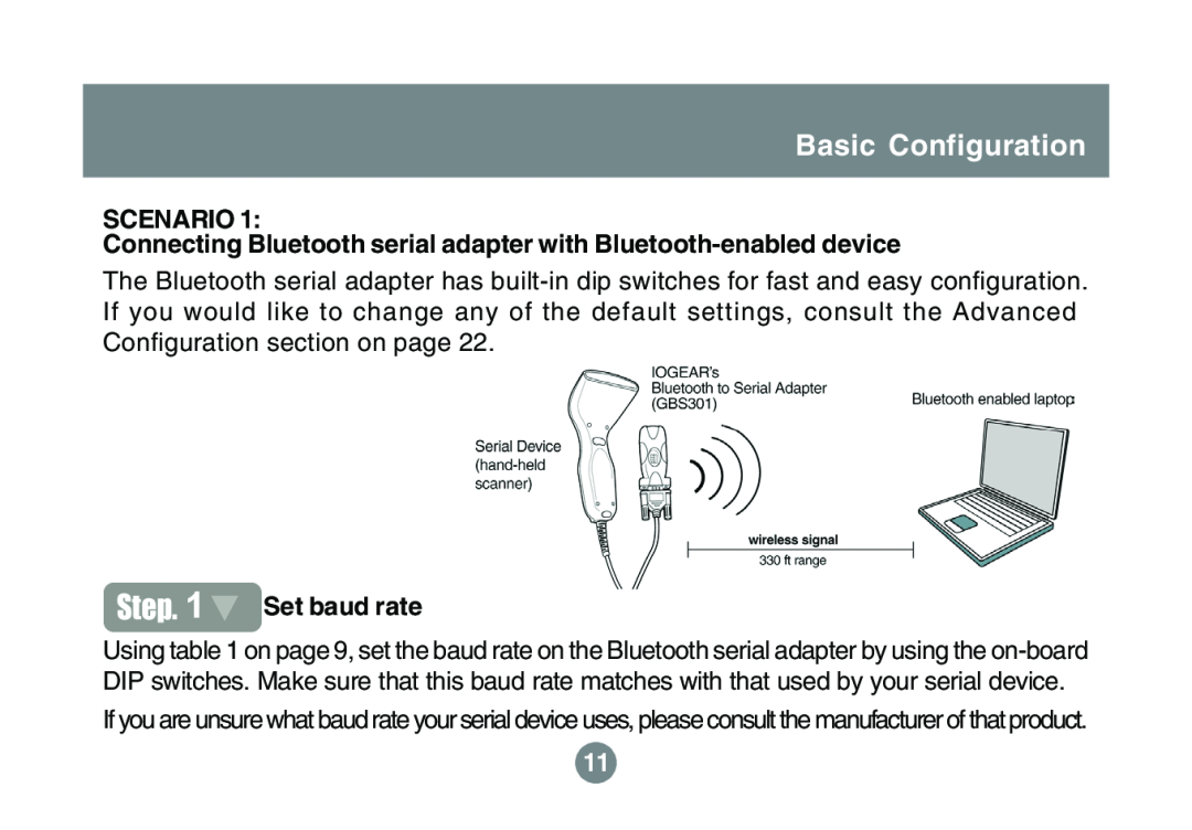 IOGear GBS301 user manual Basic Configuration, Scenario, Connecting Bluetooth serial adapter with Bluetooth-enabled device 