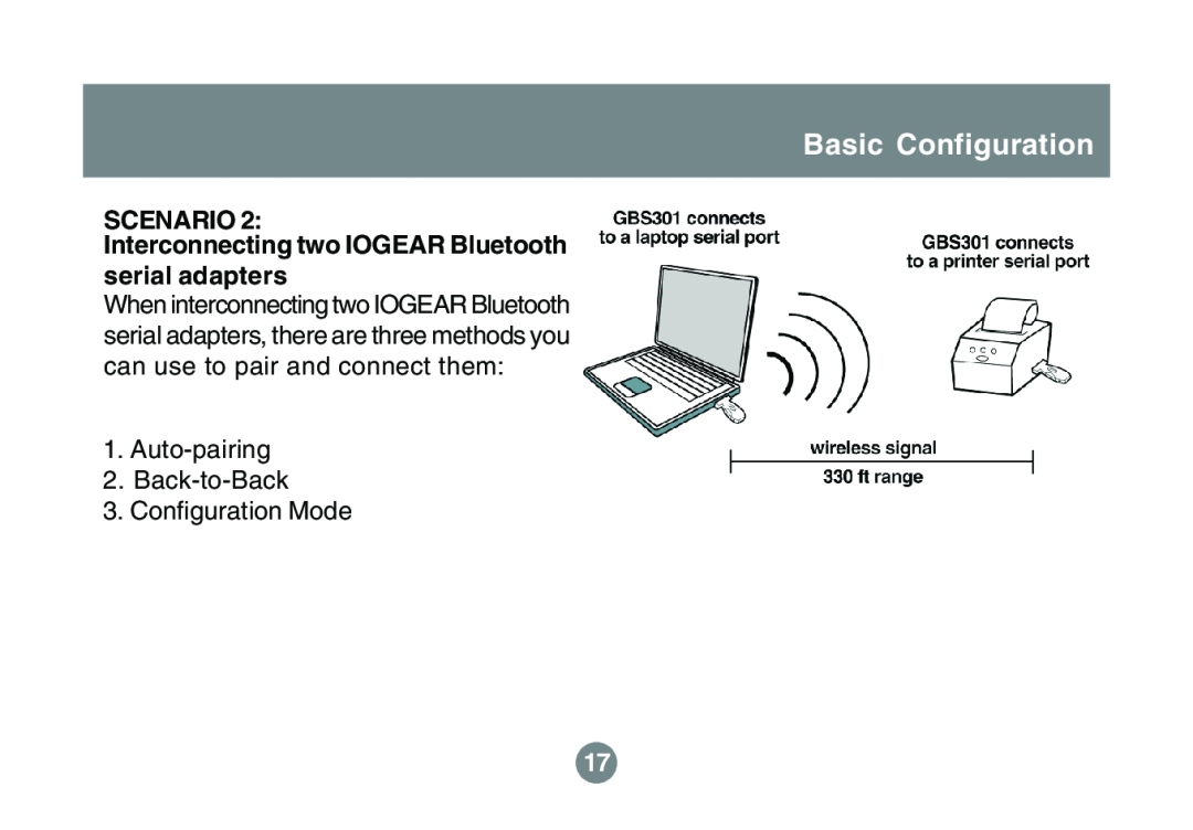 IOGear GBS301 user manual Basic Configuration, SCENARIO Interconnecting two IOGEAR Bluetooth serial adapters 