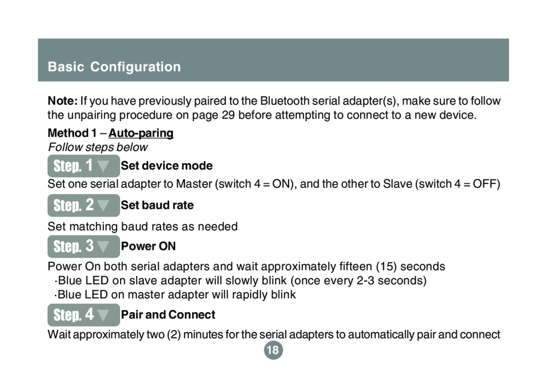 IOGear GBS301 Basic Configuration, Method 1 - Auto-paring, Follow steps below, Set device mode, Set baud rate, Power ON 