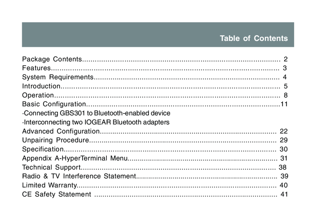 IOGear user manual Table of Contents, ·Connecting GBS301 to Bluetooth-enabled device 