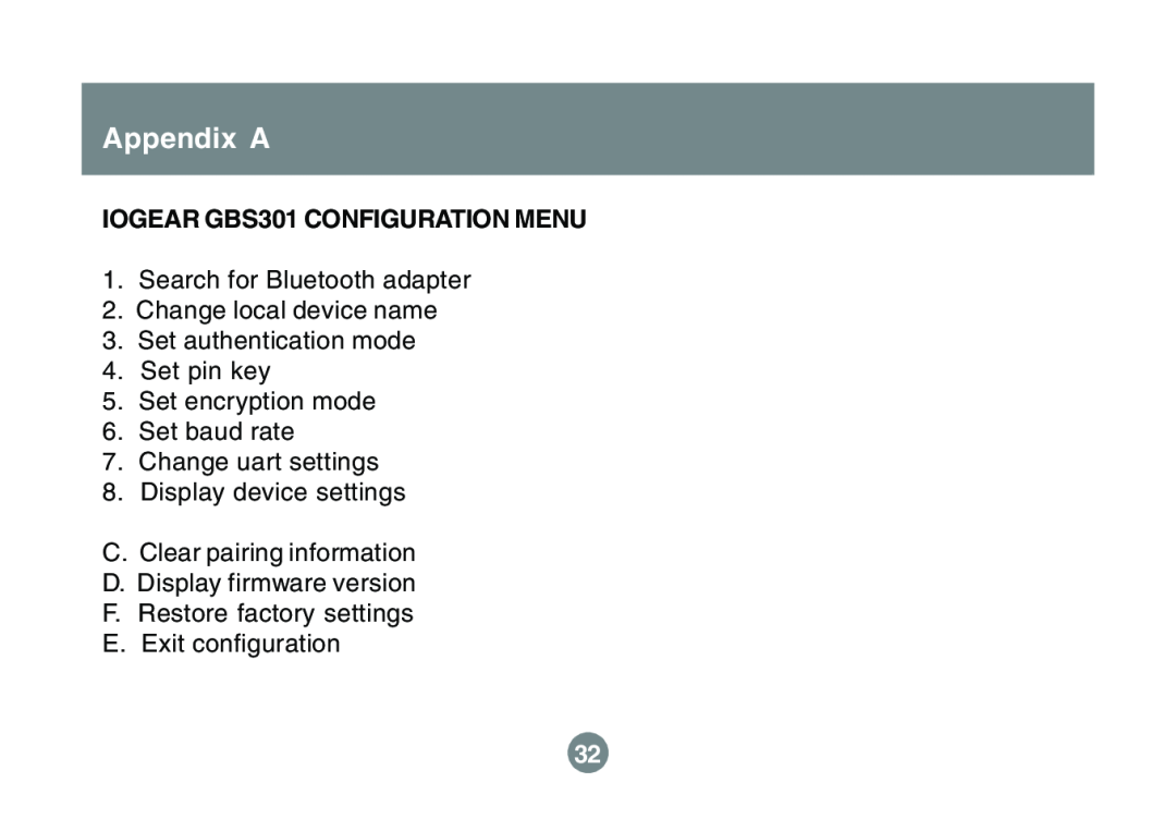 IOGear Appendix A, IOGEAR GBS301 CONFIGURATION MENU, Search for Bluetooth adapter 2. Change local device name 