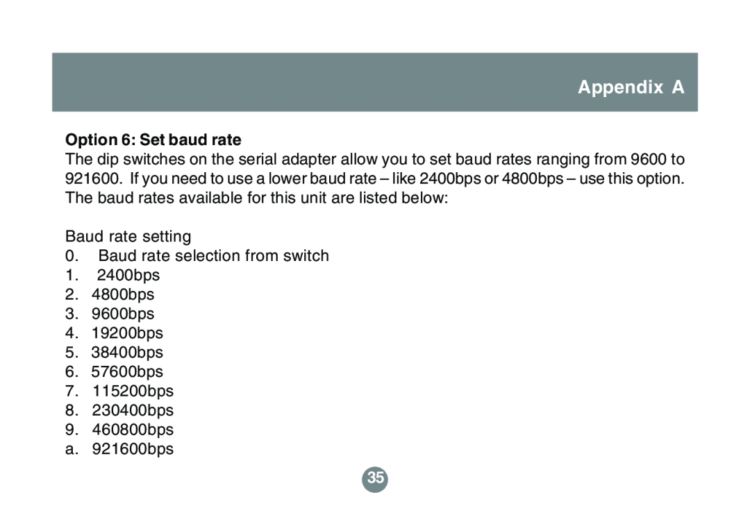 IOGear GBS301 user manual Appendix A, Option 6 Set baud rate 