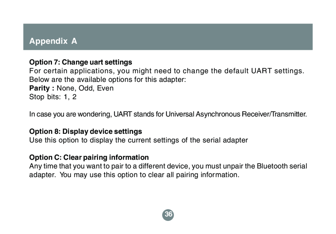 IOGear GBS301 user manual Appendix A, Option 7 Change uart settings, Option 8 Display device settings 