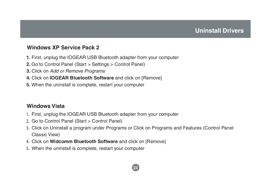 IOGear GBU221/321 user manual Uninstall Drivers, Windows XP Service Pack, Windows Vista 