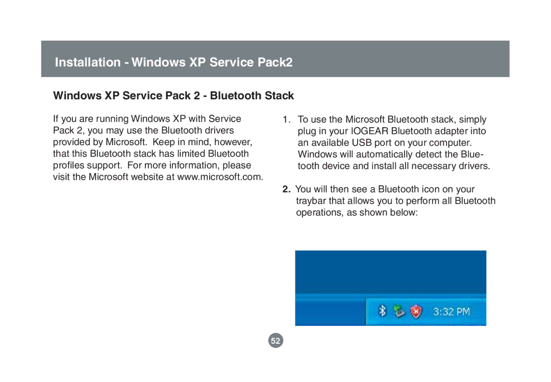 IOGear GBU221/321 user manual Installation Windows XP Service Pack2, Windows XP Service Pack 2 Bluetooth Stack 