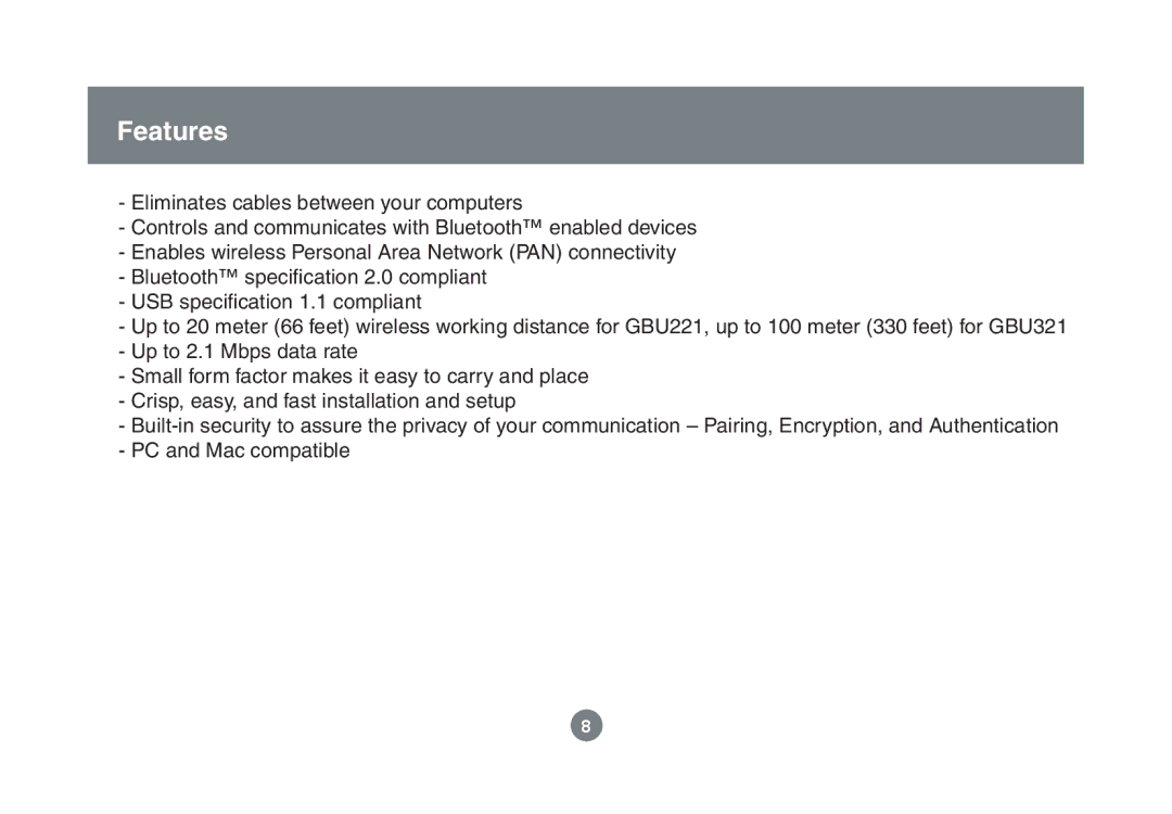 IOGear GBU221/321 user manual Features 