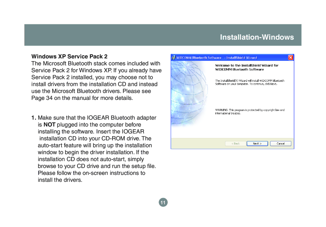 IOGear GBU221P user manual Installation-Windows, Windows XP Service Pack 