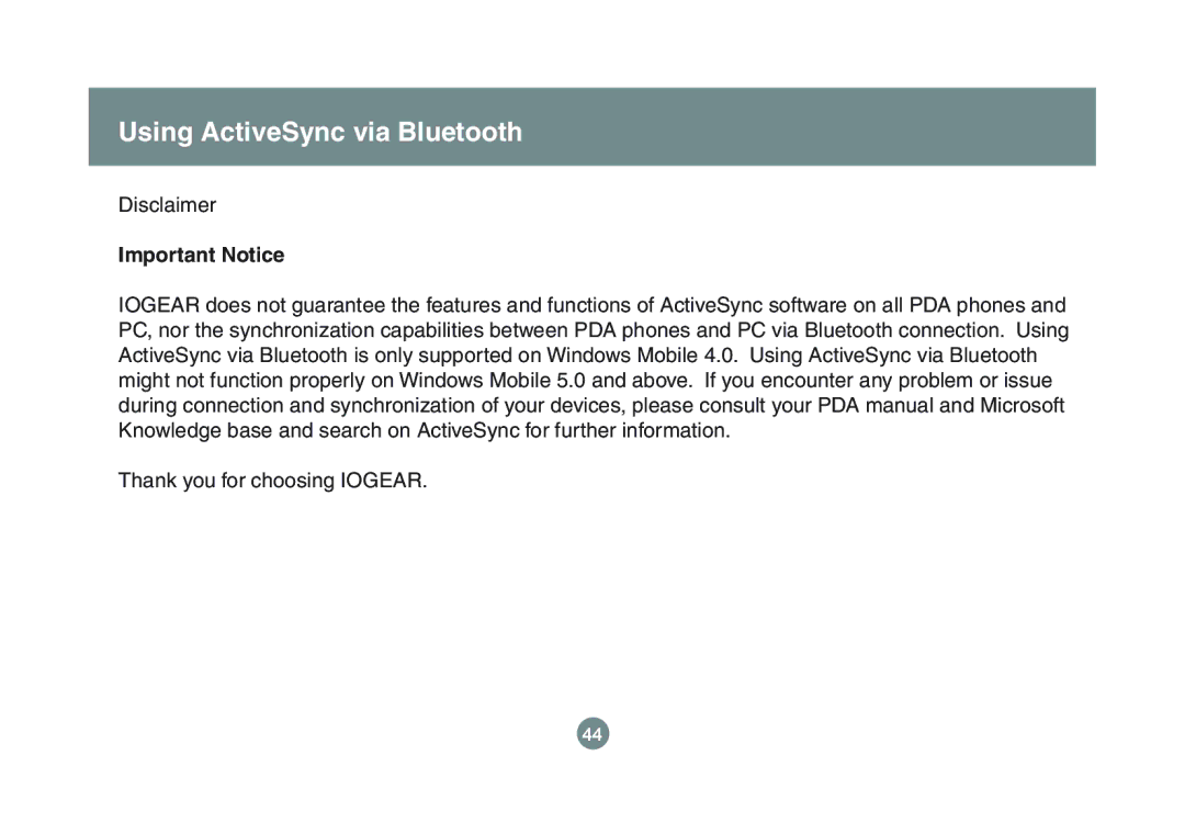 IOGear GBU221P user manual Using ActiveSync via Bluetooth, Important Notice 