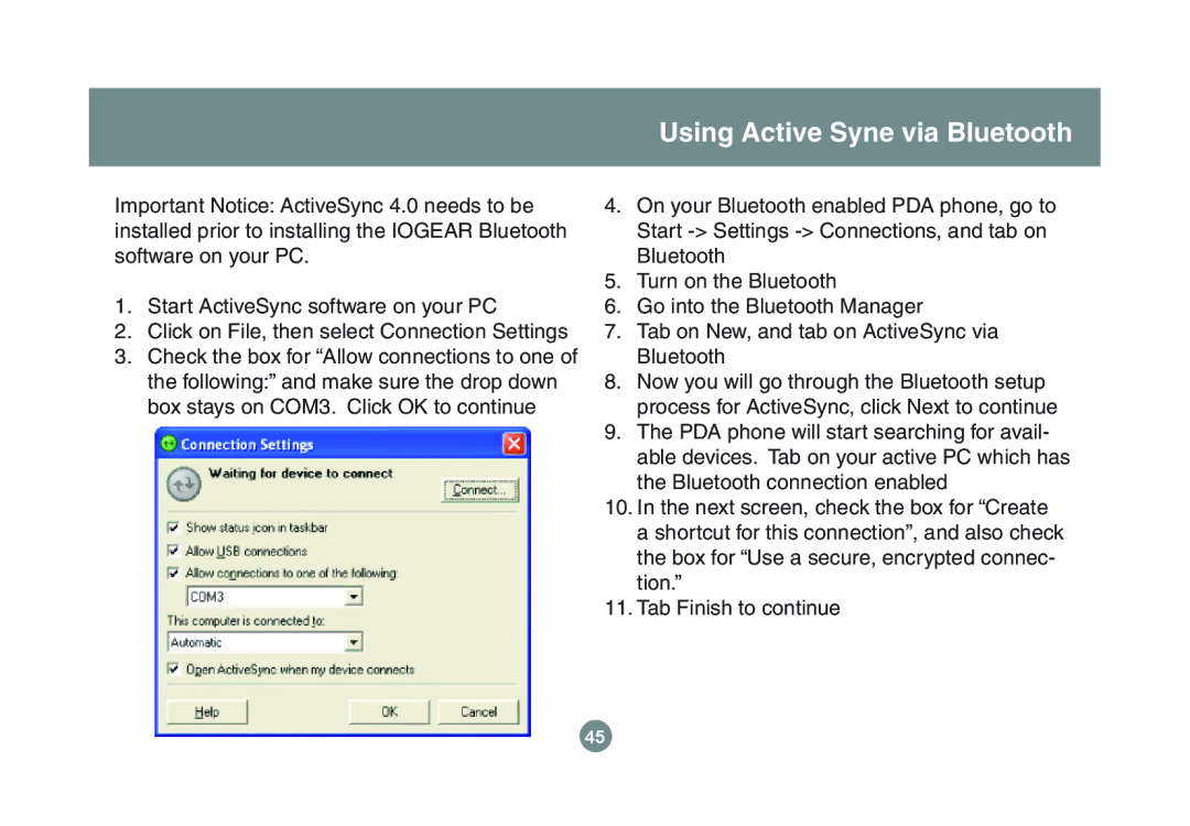 IOGear GBU221P user manual Using Active Syne via Bluetooth 