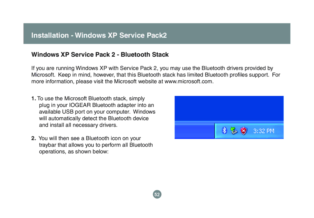 IOGear GBU221P user manual Installation Windows XP Service Pack2, Windows XP Service Pack 2 Bluetooth Stack 