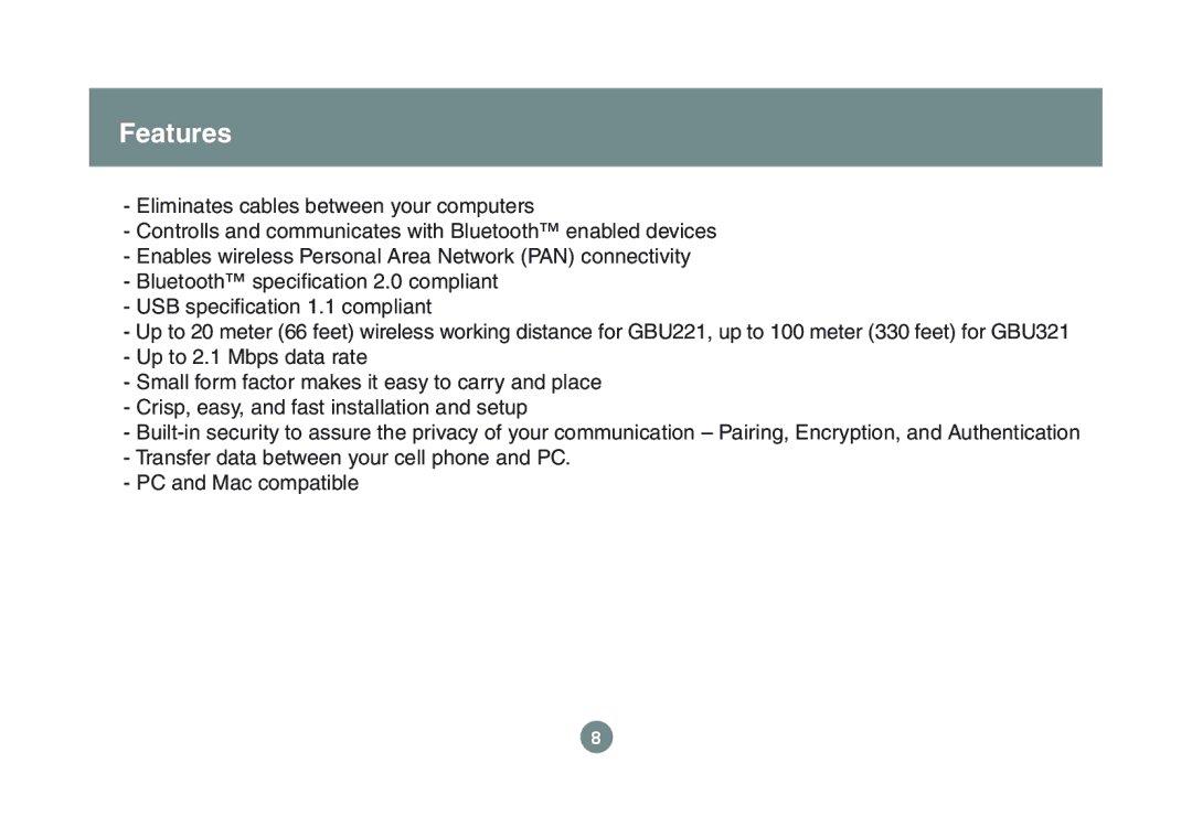 IOGear GBU221P user manual Features 