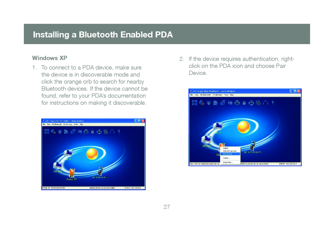 IOGear GBU241W6 manual Installing a Bluetooth Enabled PDA, Windows XP 