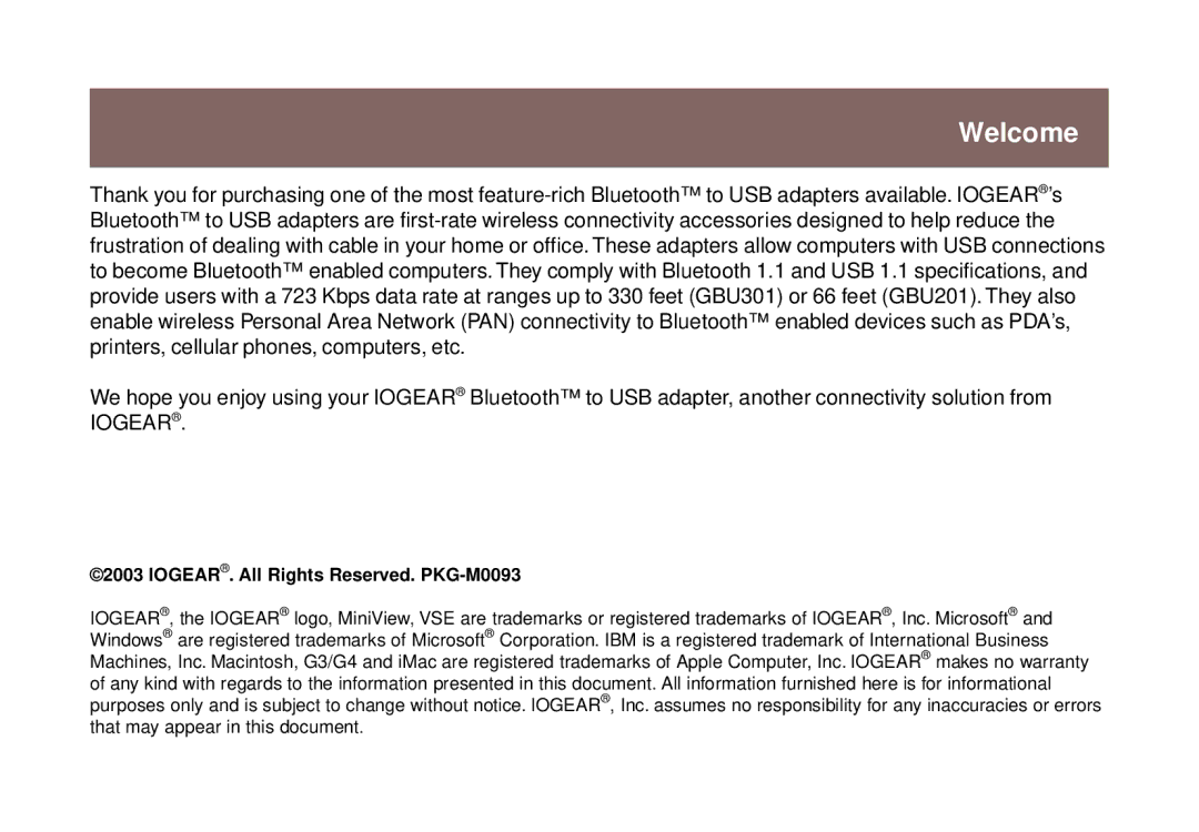 IOGear GBU301 user manual Welcome, Iogear . All Rights Reserved. PKG-M0093 