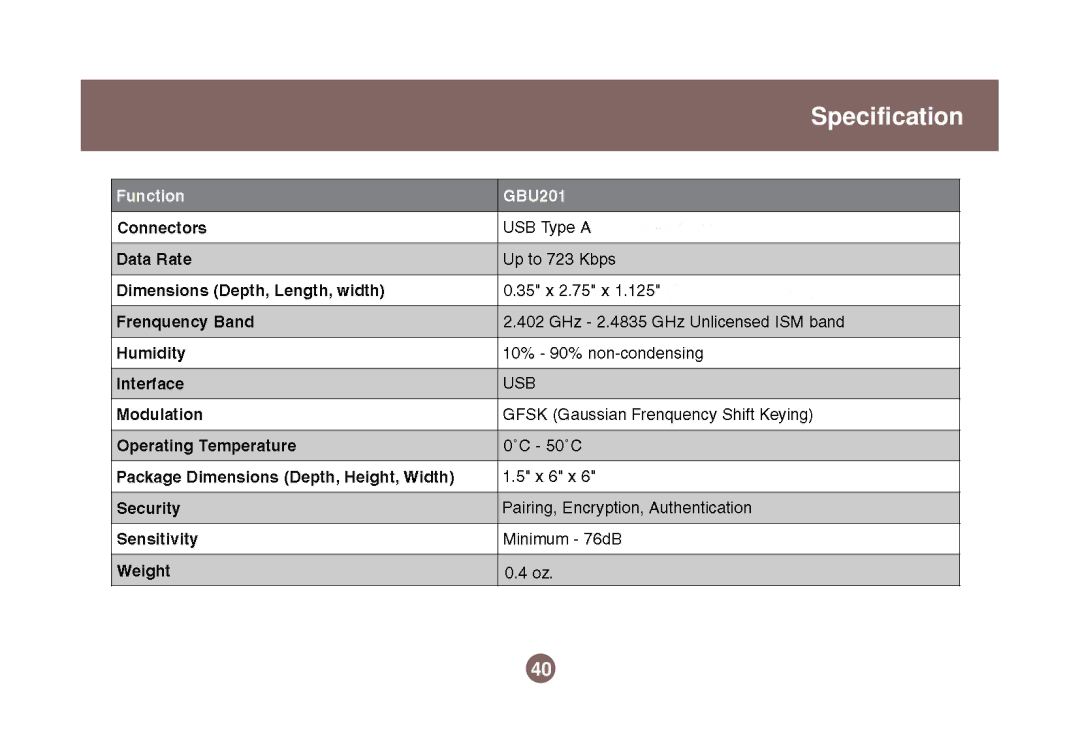 IOGear GBU301 user manual Specification 