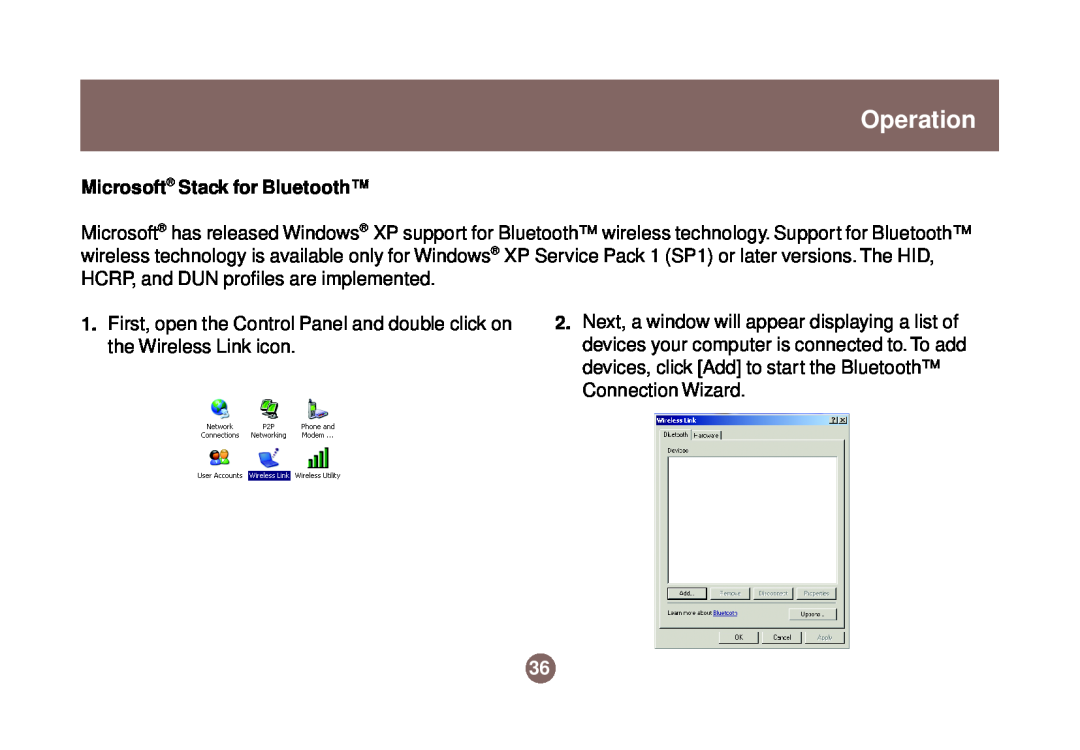 IOGear GBU301 user manual Microsoft Stack for Bluetooth, Operation 