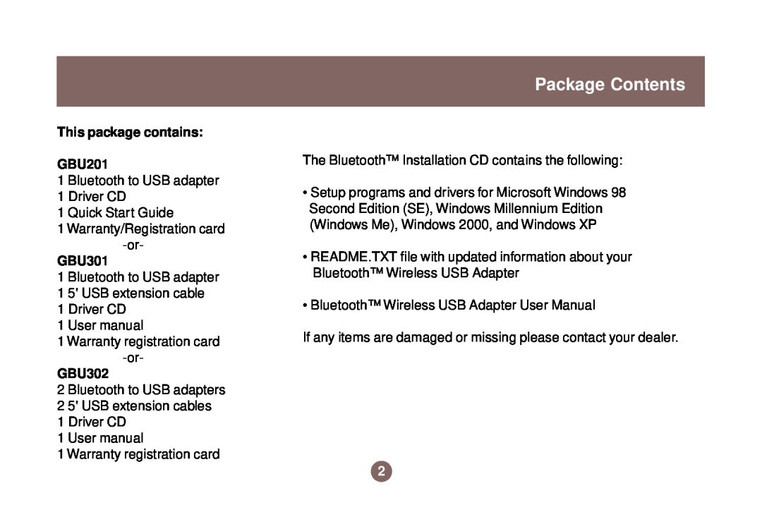 IOGear GBU301 user manual Package Contents, This package contains GBU201, GBU302 