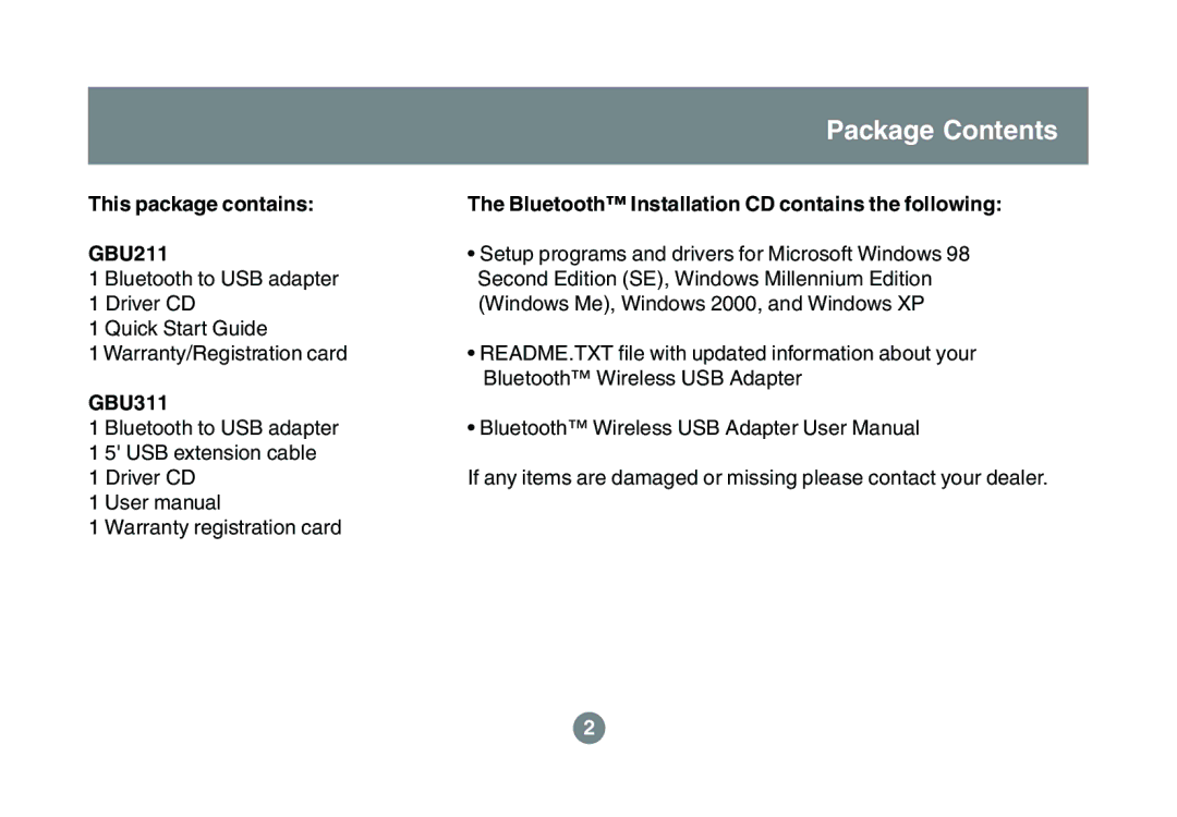 IOGear GBU211, GBU311 user manual Package Contents 
