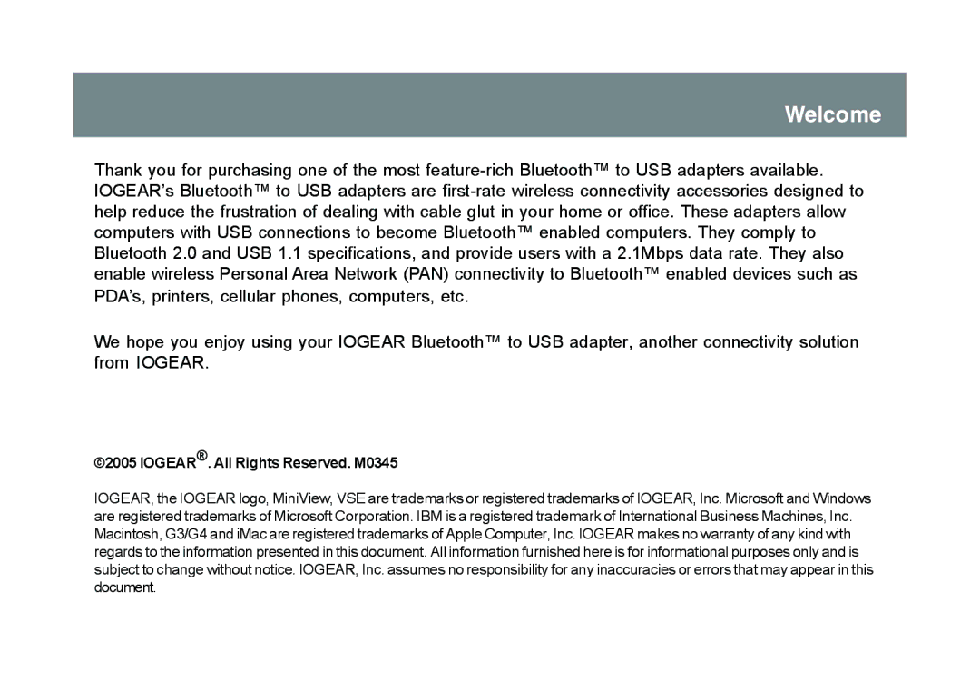 IOGear GBU321 user manual Welcome, IOGEAR. All Rights Reserved. M0345 
