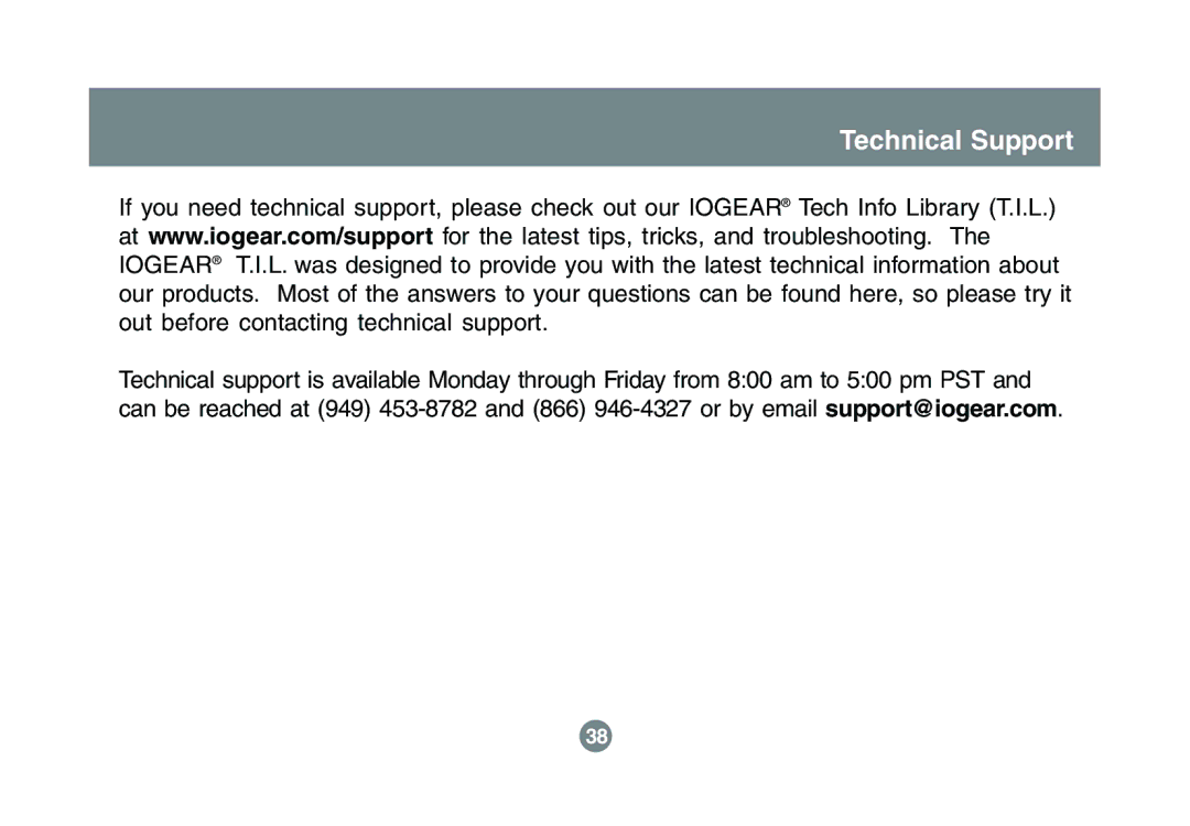 IOGear GBU321 user manual Technical Support 