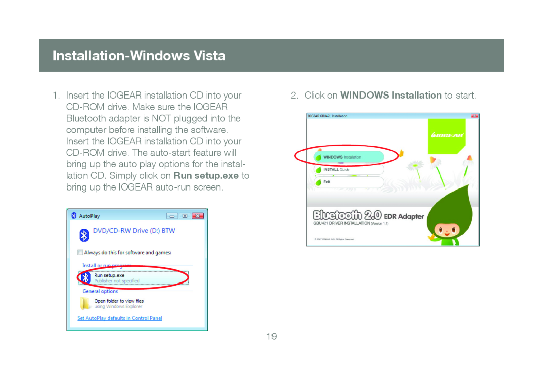 IOGear GBU421 manual Installation-Windows Vista, Click on WINDOWS Installation to start 