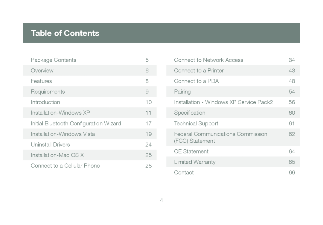 IOGear GBU421 Table of Contents, Package Contents, Overview, Features, Requirements, Introduction, Installation-Windows XP 