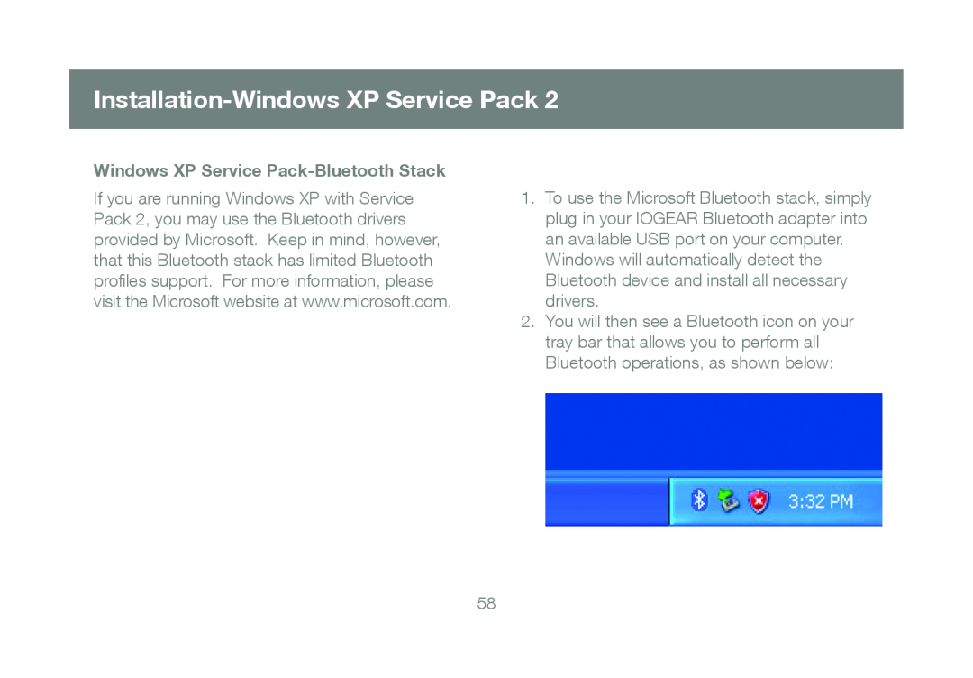 IOGear GBU421 manual Installation-Windows XP Service Pack, Windows XP Service Pack-Bluetooth Stack 